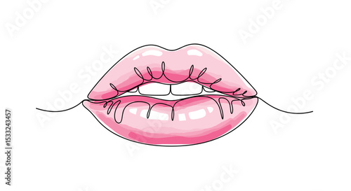 Pink Lipstick on Lips – one line doodle drawing with watercolor fill, minimalistic vector illustration on white background