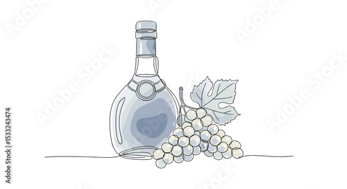 Bouteille de cognac et raisins blancs – dessin doodle en une ligne avec remplissage aquarelle, illustration vectorielle minimaliste sur fond blanc