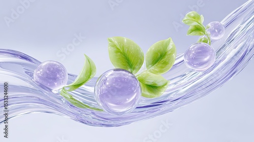Minimal 3D Translucent Gel with Floating Purple Spheres and Green Leaves on White Background for Skincare or Digital Product Design