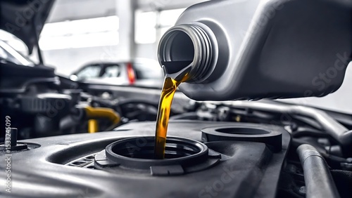 Pouring fresh motor oil into a car engine during a routine maintenance check up