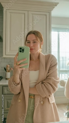 Stylish woman with phone taking a selfie in domestic kitchen setting showcasing modern interior design, wearing a pink blazer and gold accessories