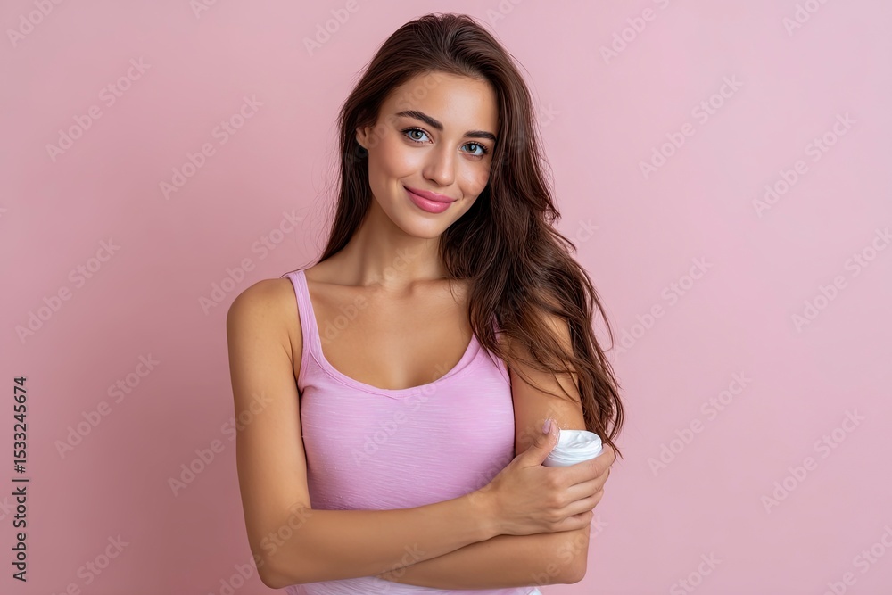 beautiful woman applying cream on arm isolated on pink background beautiful woman applying cream on arm isolated on pink background