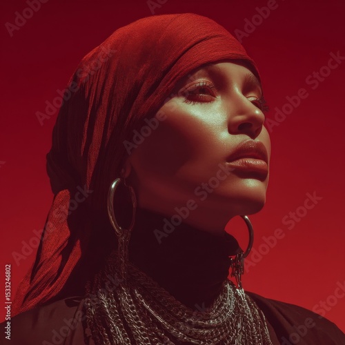 Portrait of a Woman in Red Headscarf and Jewelry