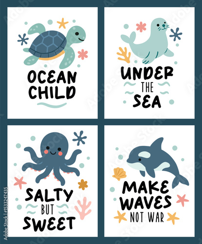 Set of four banner with sea phrases with sea animals on blue tones on a white background