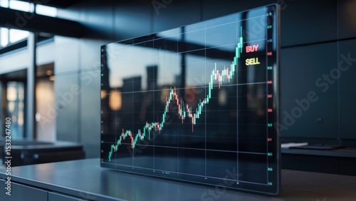 A screen displaying a stock market chart with buy and sell indicators in an office setting viewable
