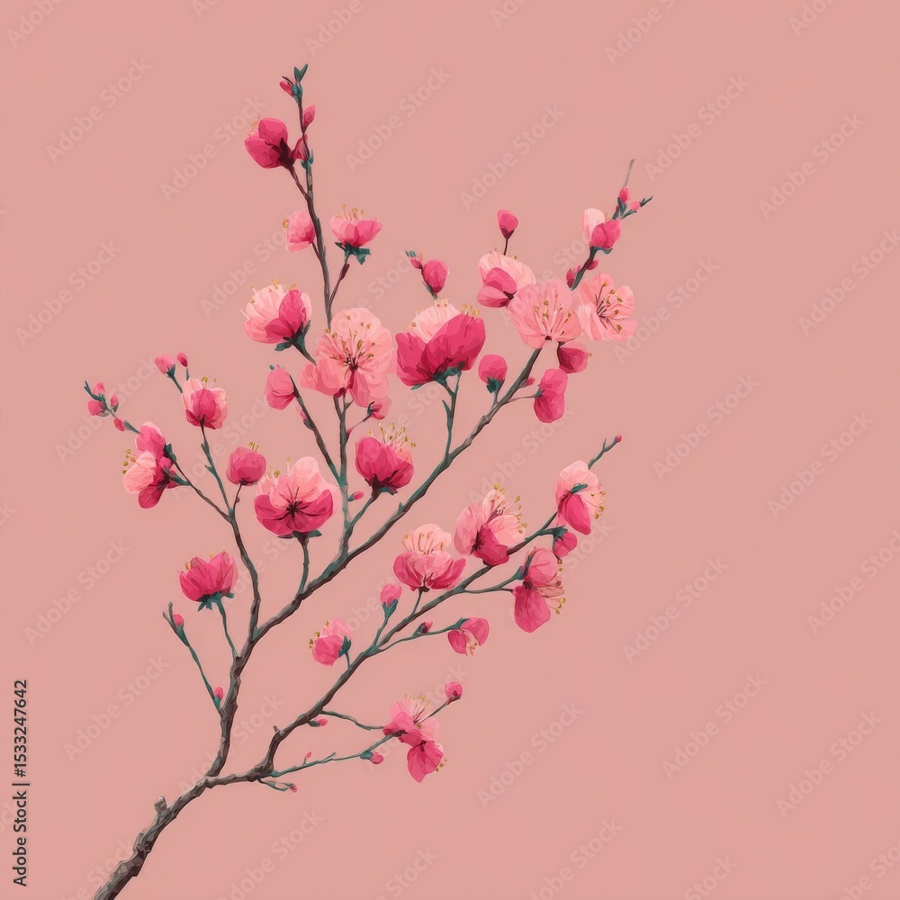 Naklejka premium Pink Blossom Branch on Pale Pink Background