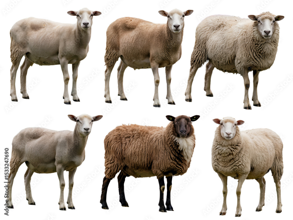 Fototapeta premium Six sheep different breeds isolated on pet lamb wool farm cute on transparent background