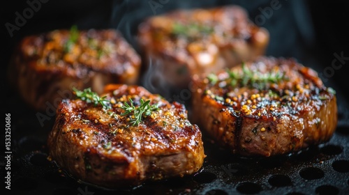 Four Grilled Beef Steaks with Mustard Seeds and Herbs