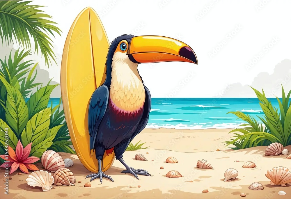 Fototapeta premium Colorful toucan with surfboard on a tropical beach ready for surfing adventure at sunrise