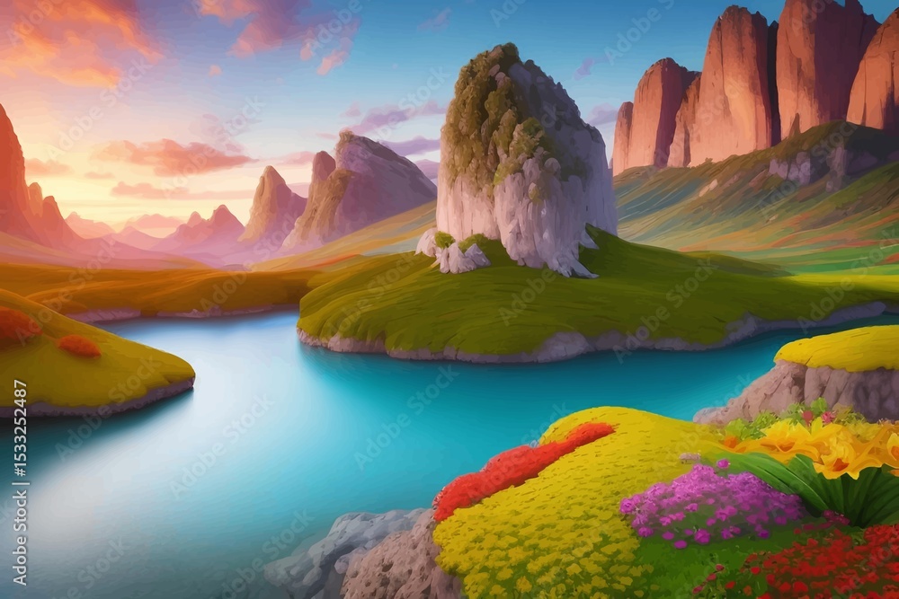 Obraz premium Beautiful and Peaceful Nature Scenery Illustration Landscape Countryside Tranquil Vibrant and Colorful