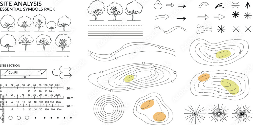 landscape architecture site analysis symbol icon element drawing graphic flat isolated vector. urban design element drawing