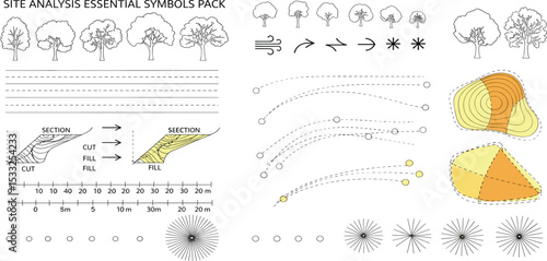landscape architecture site analysis symbol icon element drawing graphic flat isolated vector. urban design element drawing