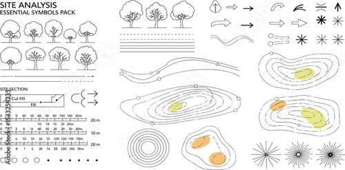 landscape architecture site analysis symbol icon element drawing graphic flat isolated vector. urban design element drawing
