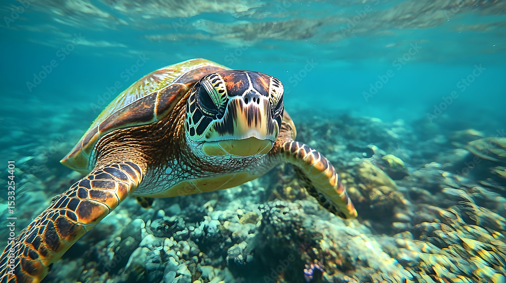Fototapeta premium Sea turtle swimming amidst coral reefs.