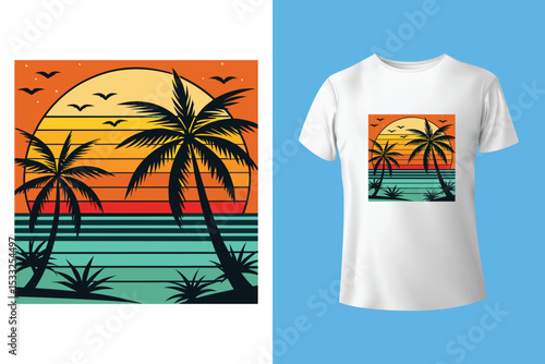 Tropical Paradise T-shirt Design: Embrace the allure of a serene sunset over a tropical landscape, where palm trees sway gracefully as the sun dips below the horizon and birds fly in silhouette. 