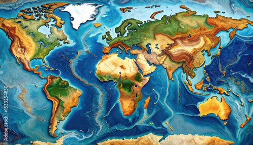 Fototapeta Naklejka Na Ścianę i Meble -  Detailed map of world showcases Earth intricate crust, revealing layers of minerals and geographical features vibrant colors. This artistic representation highlights beauty of our planet