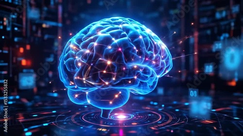 A highly detailed 3D holographic brain with interactive nodes lighting up surrounded by floating binary numbers and futuristic UI elements