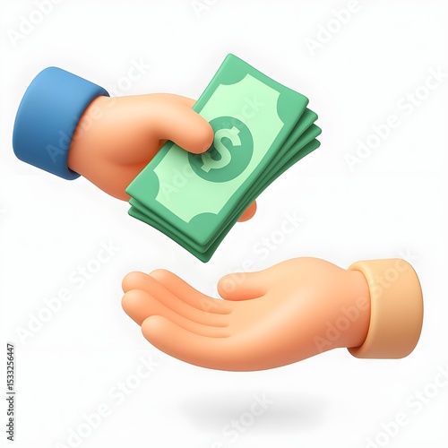 3D illustration of hand giving a stack of cash to another open hand, floating on a clean white background