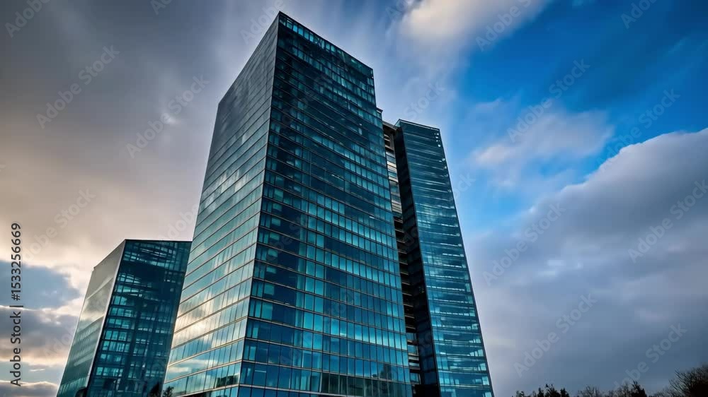 Modern glass skyscrapers reach for sky against cloudscape. Architecture reflects clouds, showcasing buildings and blue sky. Modern glass skyscrapers reach for sky against cloudscape. Architecture reflects clouds, showcasing buildings and blue sky.