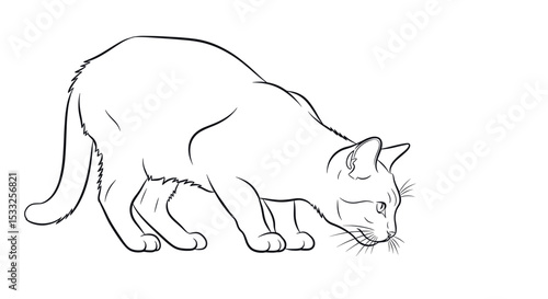 Line Art Illustration of a Cat Sniffing the Ground with an Inquisitive Expression
