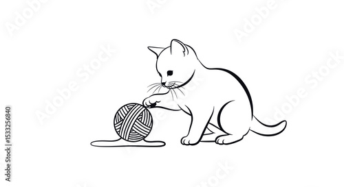 Playful Cat Engaging with Yarn Ball on a Simple White Background