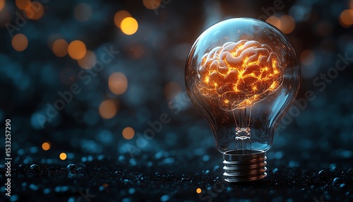 Glowing light bulb with brain inside represents innovation Idea