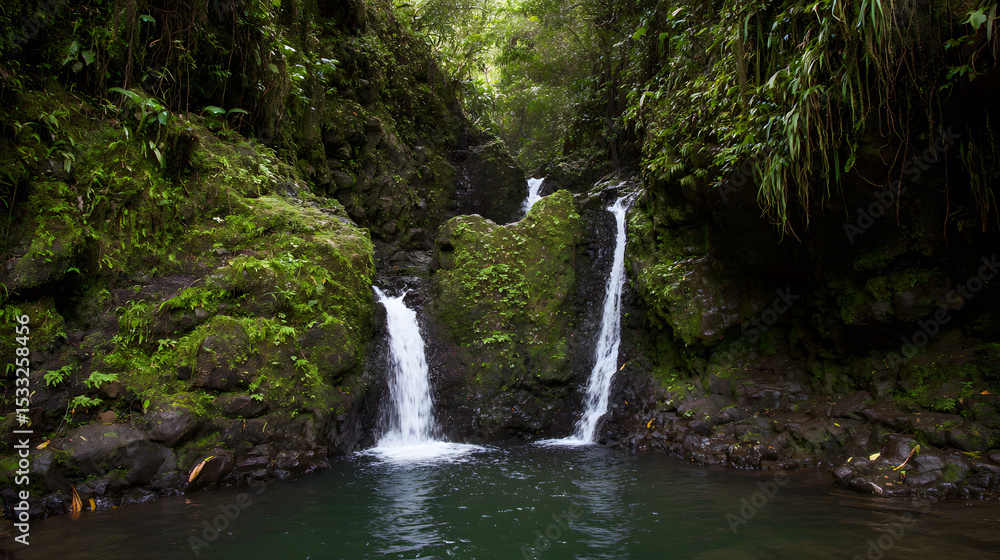 Fototapeta premium Twin waterfalls flow into a turquoise pool, surrounded by lush rainforest. Nature's serene beauty in a tropical paradise.