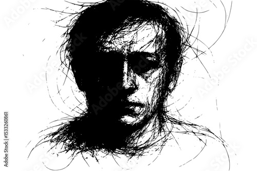 Black and white portrait of messy-haired man with dark introspective expression