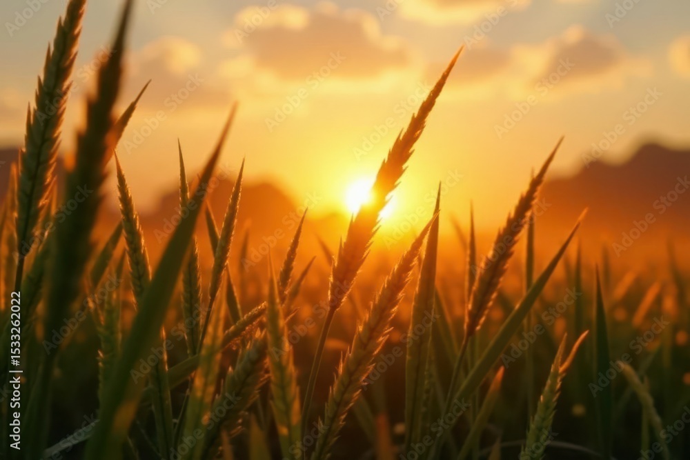 Fototapeta premium Sunset light illuminating swaying grass blades , visual, photo