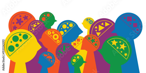 Silhouettes of various brain structure banner. Neurodivergent spectrum awareness concept. Different heads, minds and thinking. Cognitive differences inclusion vector flat illustration.
