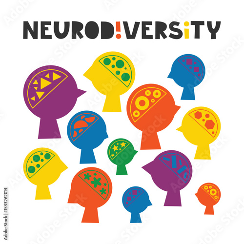 Lettering and silhouettes of various brain structure. Neurodivergent spectrum awareness concept. Different heads, minds and thinking. Cognitive differences inclusion vector flat illustration.