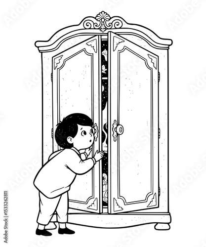 A child peeking into a magical wardrobe