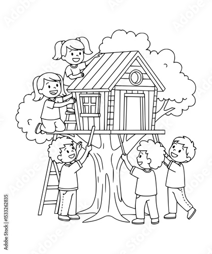 A group of kids building a treehouse