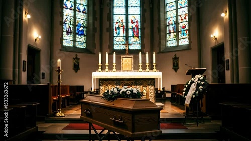 Wooden coffin placed in tranquil church altar with stained glass  