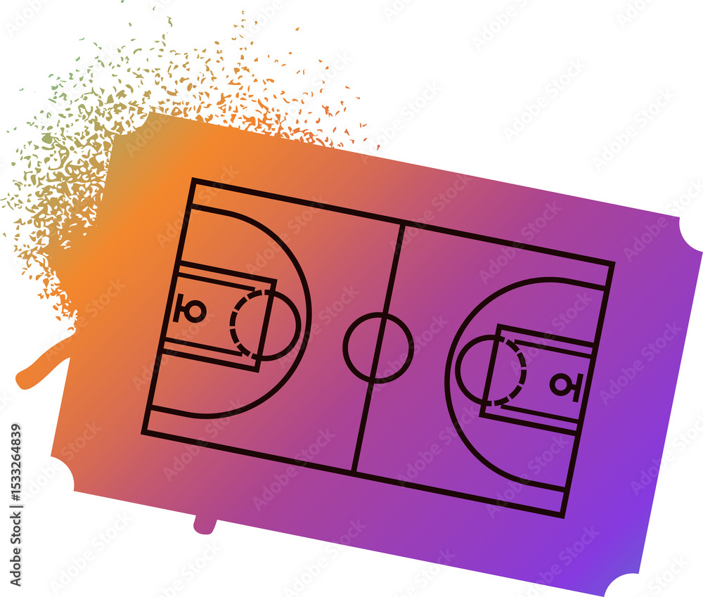Fototapeta premium Showing basketball court diagram on orange-purple ticket gradient, pixel splatter on transparent BG