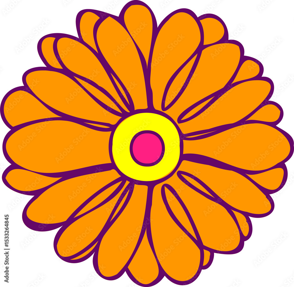 Vector graphic is showing orange flower petals, yellow ring and pink core on transparent background Vector graphic is showing orange flower petals, yellow ring and pink core on transparent background