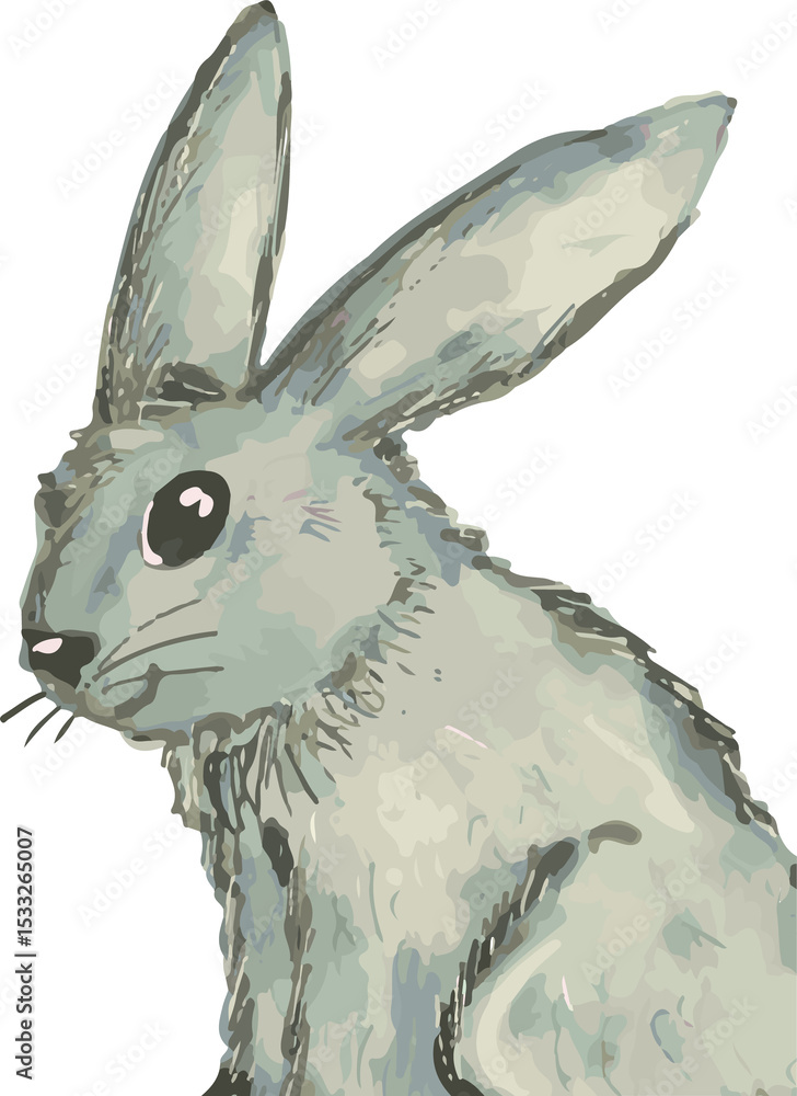 Obraz premium Stylized rabbit illustration showing fur texture and tall ears on transparent backdrop, copy space