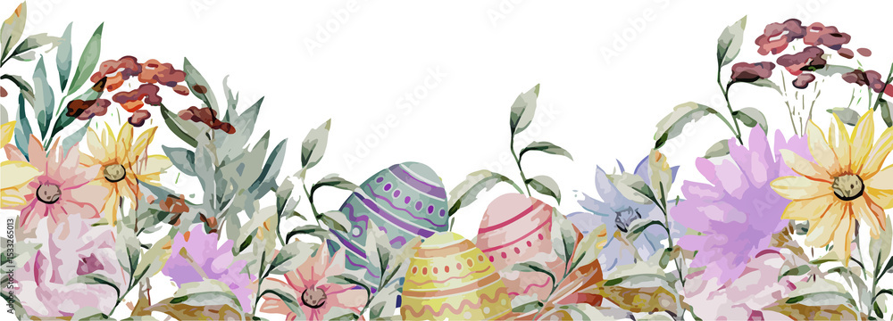 Fotobehang Eieren Pastel decorated eggs and spring flowers are floating in flat design on transparent background #1533265013