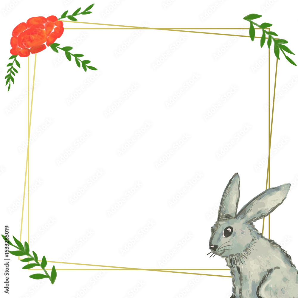 Obraz premium Golden frame is showing red blooms, sprigs, watercolor rabbit on transparent background, copy space