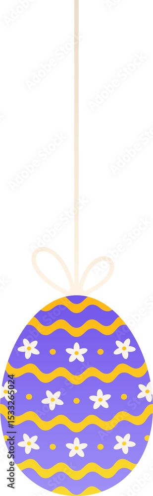 Fotobehang Eieren Flat lilac egg is hanging from beige bow, showing yellow-white floral waves, transparent background #1533265024