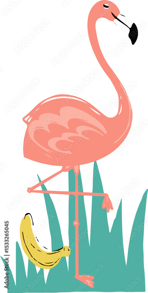 Obraz premium Flat pink flamingo is balancing on one leg with yellow banana in teal grass transparent background