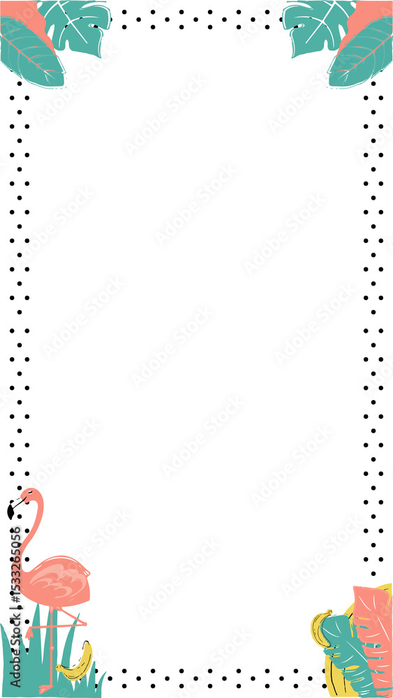 Obraz premium Vector frame is showing tropical leaves, pink flamingo and yellow bananas on transparent background