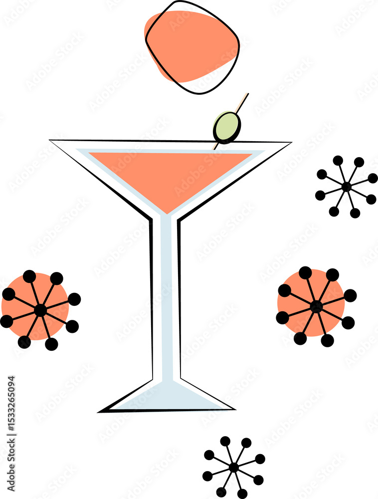 Fotobehang Cocktail Depicting minimalist cocktail glass with orange drink and olive amid abstract shapes, transparent #1533265094
