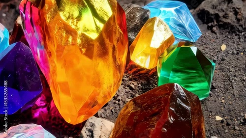 Collection of Colorful Crystals and Gemstones on Rough Terrain, illuminated by Rays of Light in a Fantasy Setting, close-up view