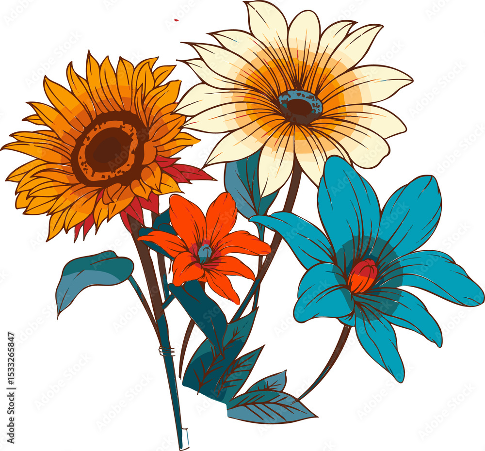Naklejka premium Sunflower daisy lily and teal-blue bloom are being shown in flat vector on transparent background
