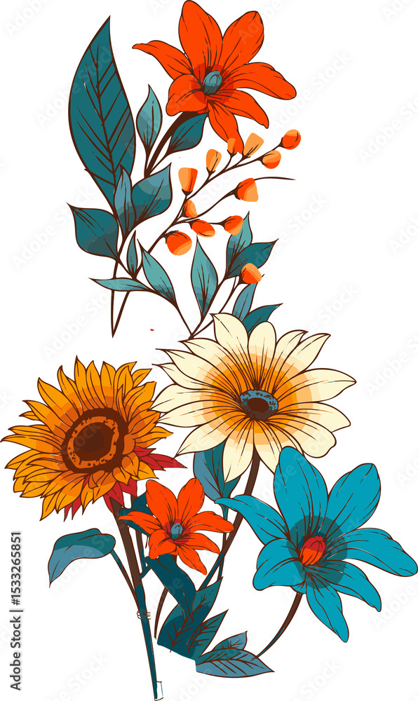 Naklejka premium Vector art is showing sunflower, colorful daisies, foliage on transparent backdrop