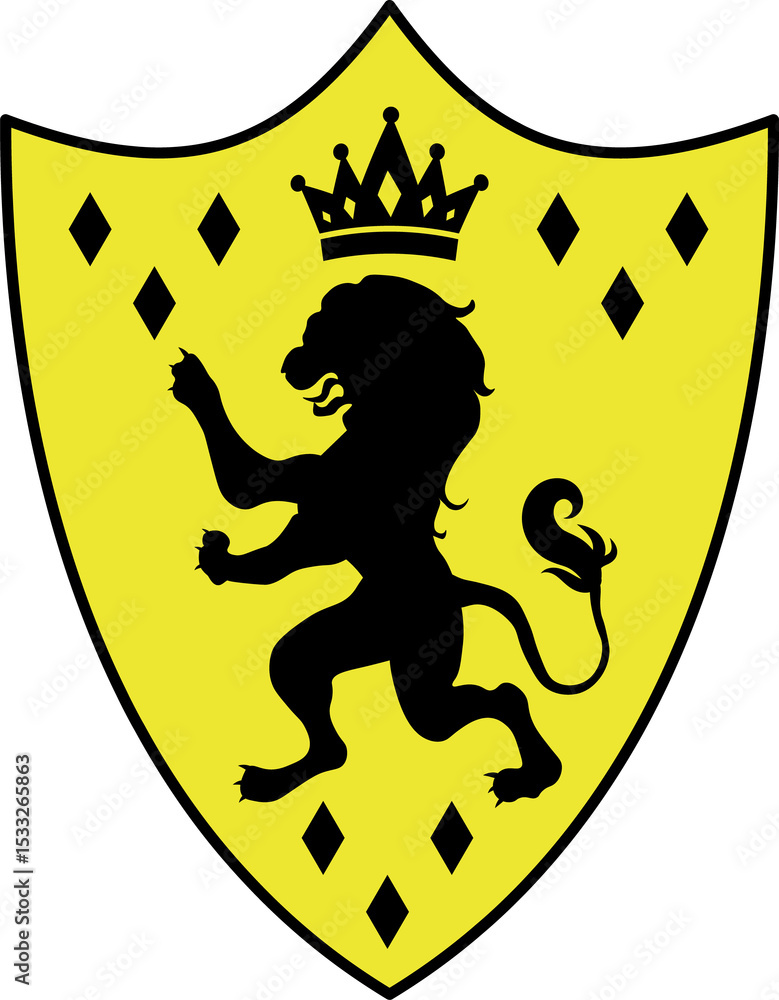 Naklejka premium Heraldic emblem is showing lion rampant on yellow shield with black crown, diamonds, transparent bg