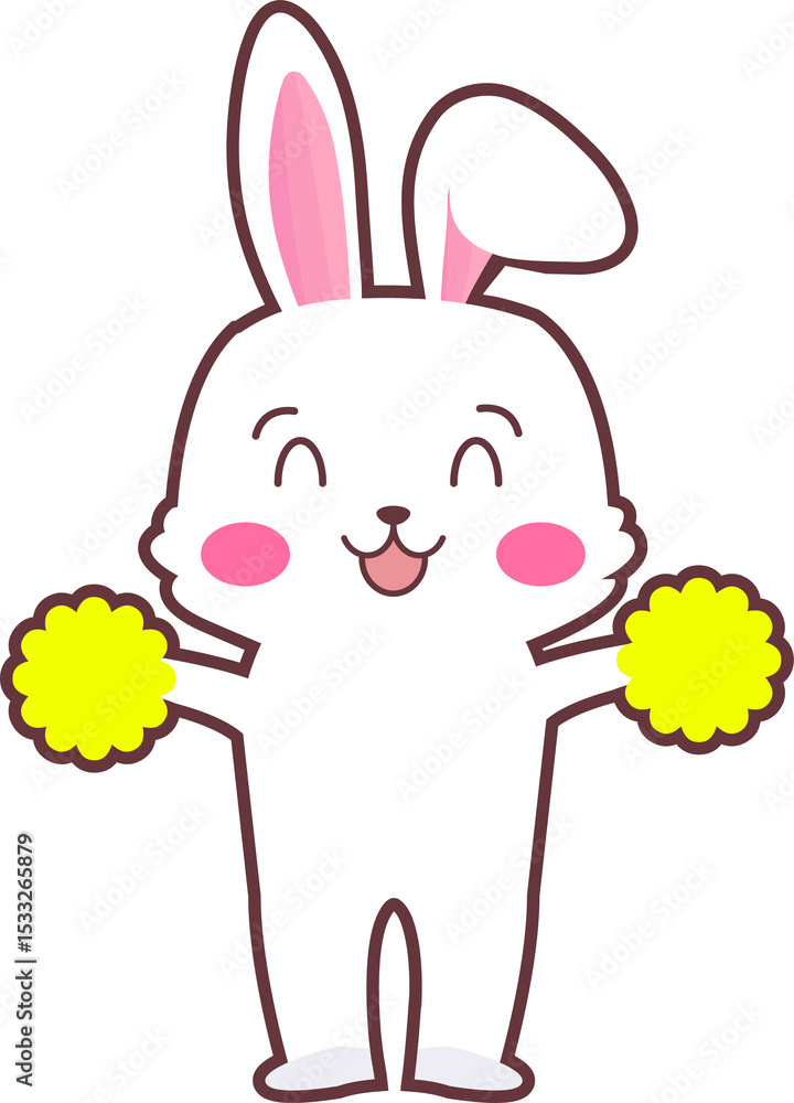 Obraz premium Cartoon bunny is cheering with bright yellow pom-poms in flat design with transparent background