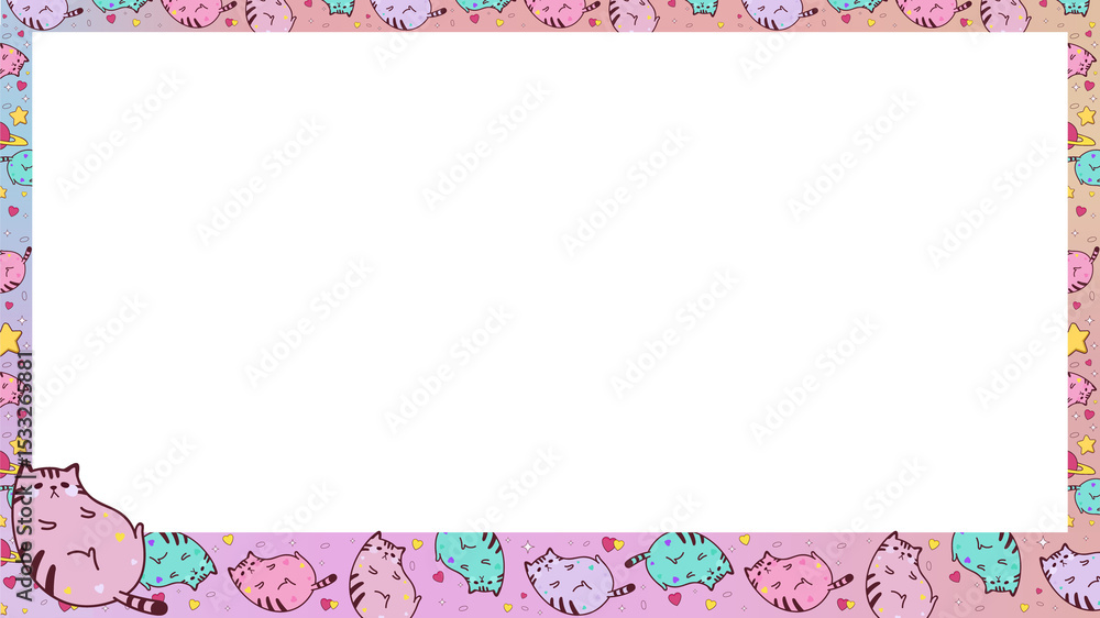 Naklejka premium Flat pastel border is featuring cats hearts and stars on transparent backdrop, copy space