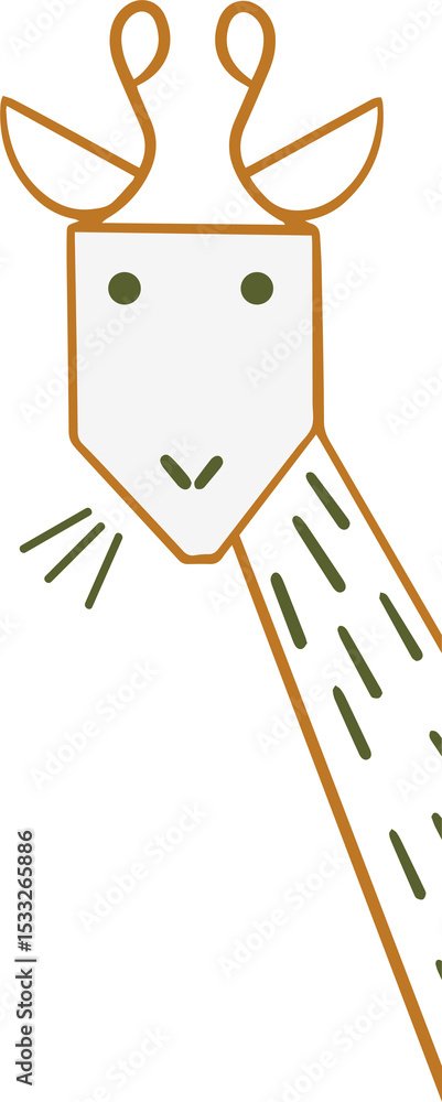 Naklejka premium Giraffe head and striped neck is showing in flat vector with looped antlers, transparent background